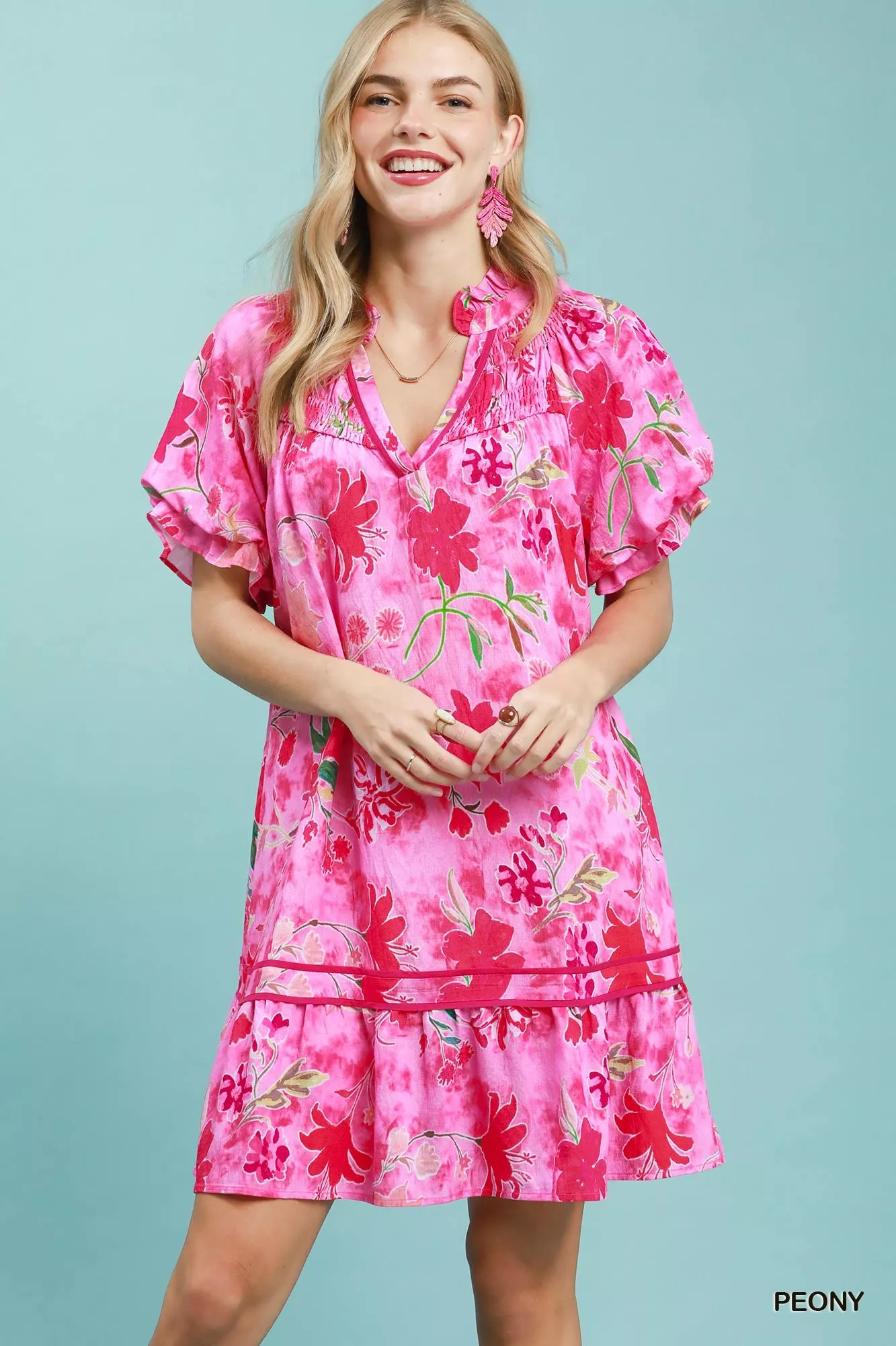 High-Grade Umgee Floral Ruffle Hem Mini Dress Clean