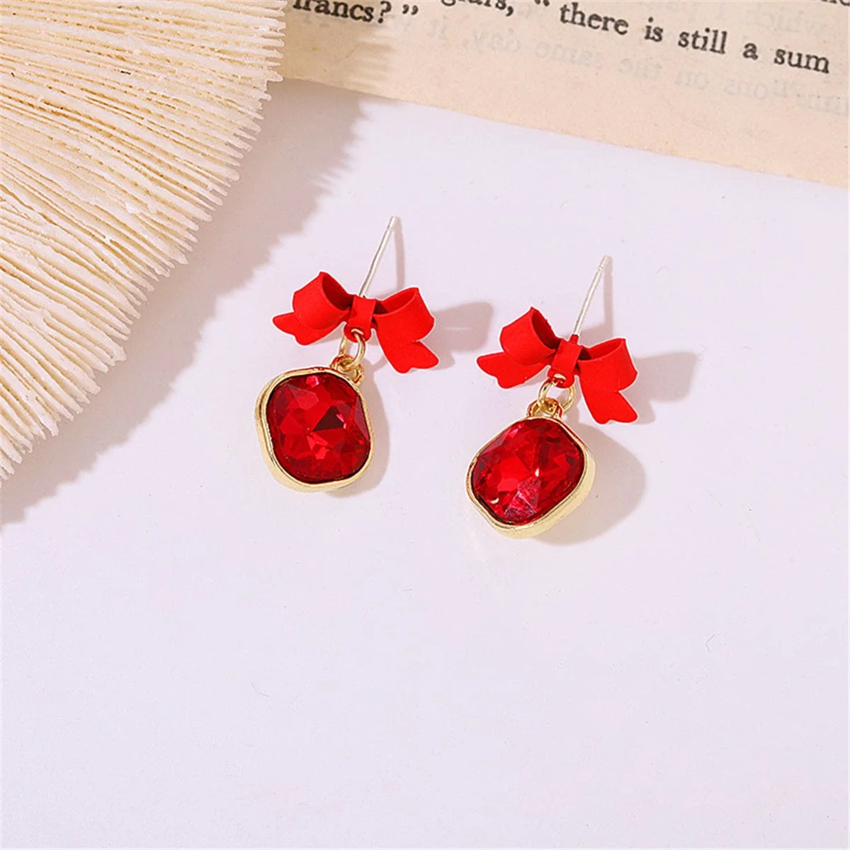 Soft Red Crystal Goldtone Bow Diamond Drop Earrings Contemporary