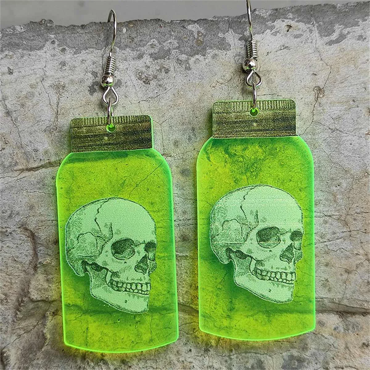 Powerful Green Acrylic Silvertone Glow-In-Dark Skull Specimen Drop Earrings Modern