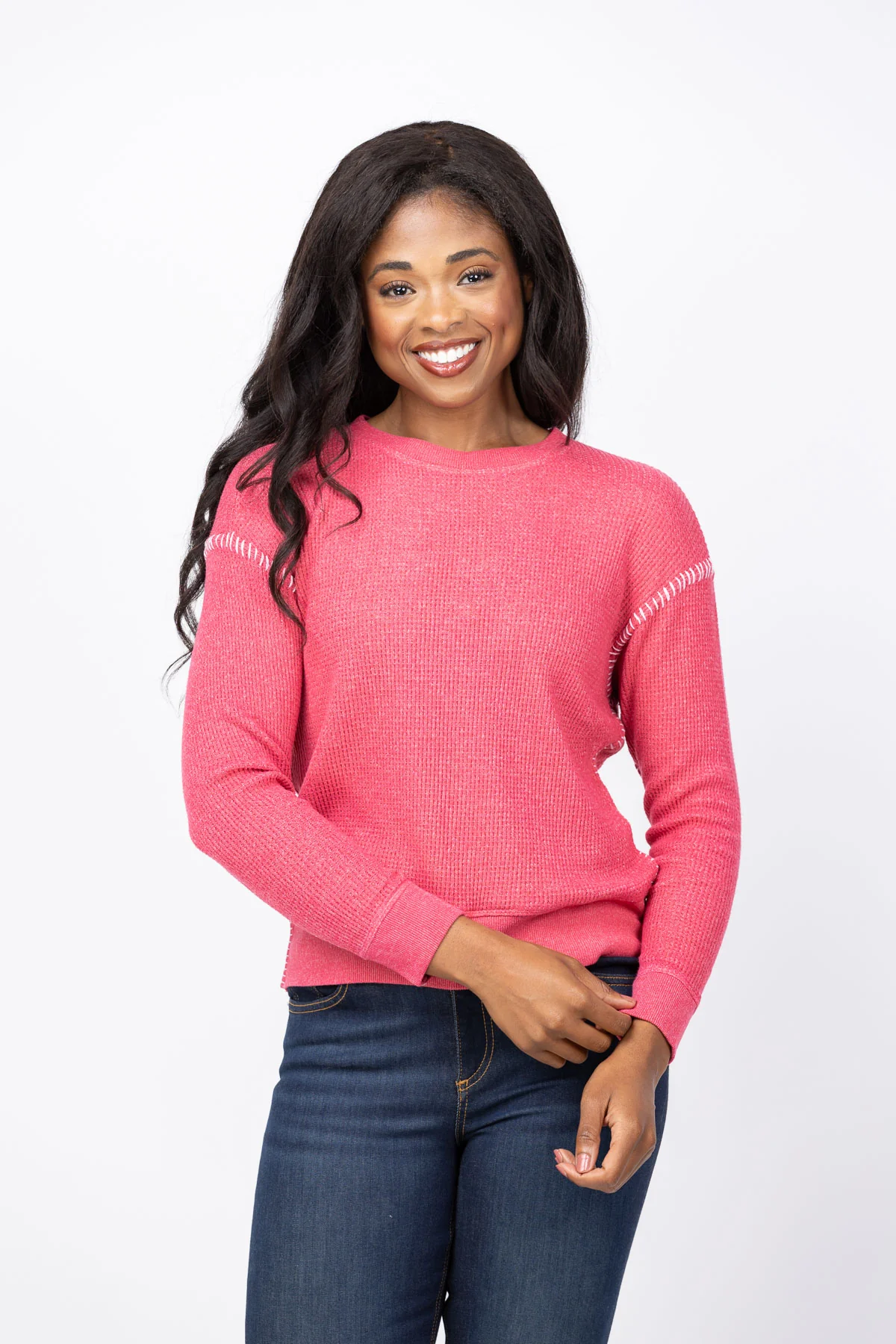 Exceptional Dylan Blanket Stitch Sweatshirt in Cherry Artisan