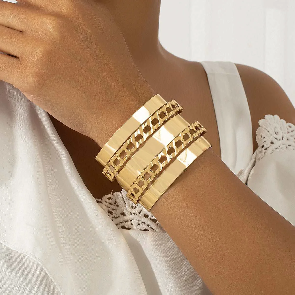 Smooth Goldtone Figaro Layered Wrap Cuff Eco-Friendly