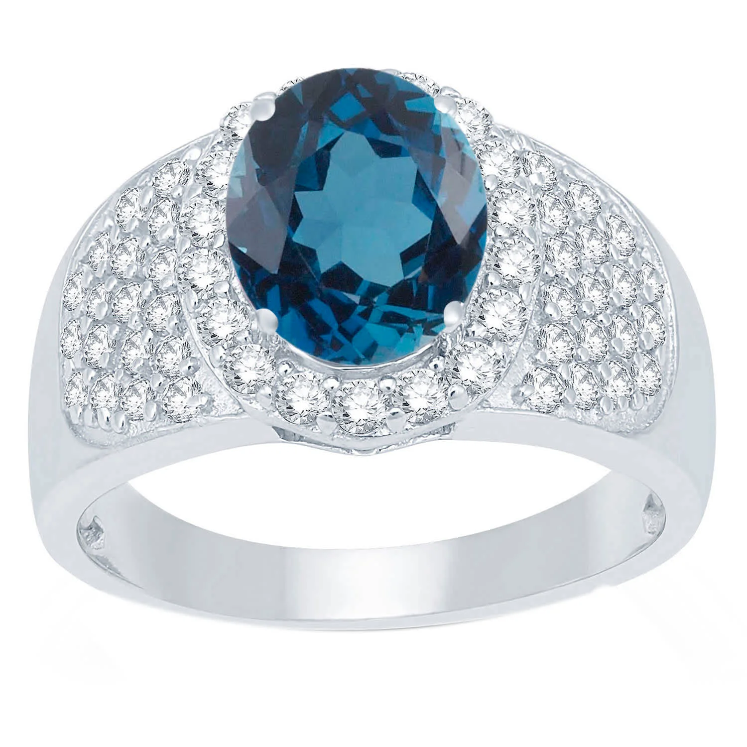 Unique V3 Jewelry Sterling Silver 4.60CT Natural London Blue Topaz and White Topaz Halo Ring Pure