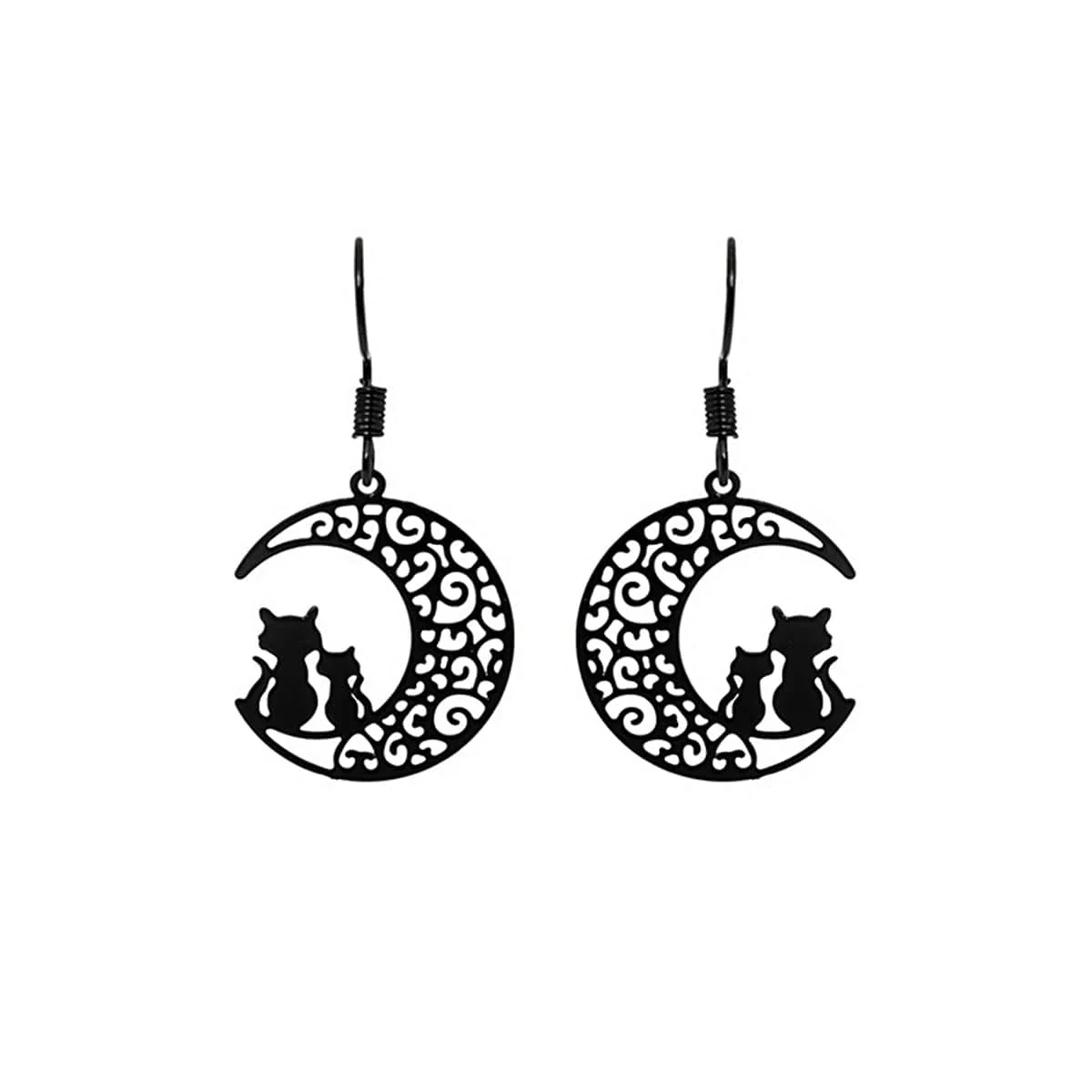 Trendy Black Moon Cat Drop Earrings Flexible