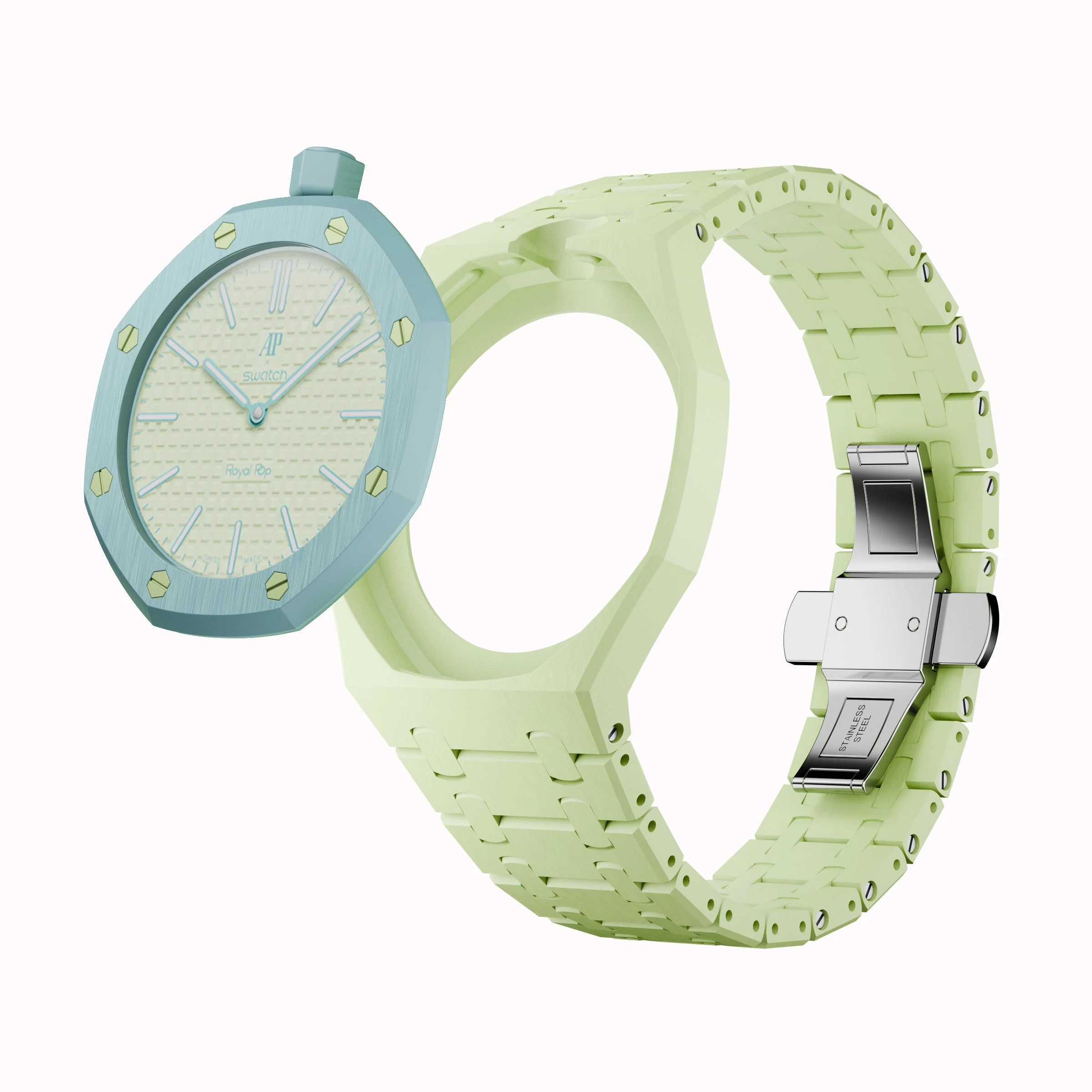 Long-Lasting AP x Swatch Royal Pop Integrated Link Bracelet Band – Pistachio Mint – Vertical Crown Edition Waloo Watch Bands Responsible