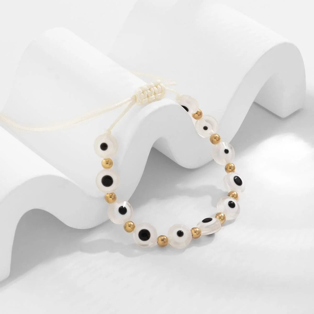 Traditional White Acrylic Polyster Goldtone Eye Beaded Adjustable Bracelet Convenient