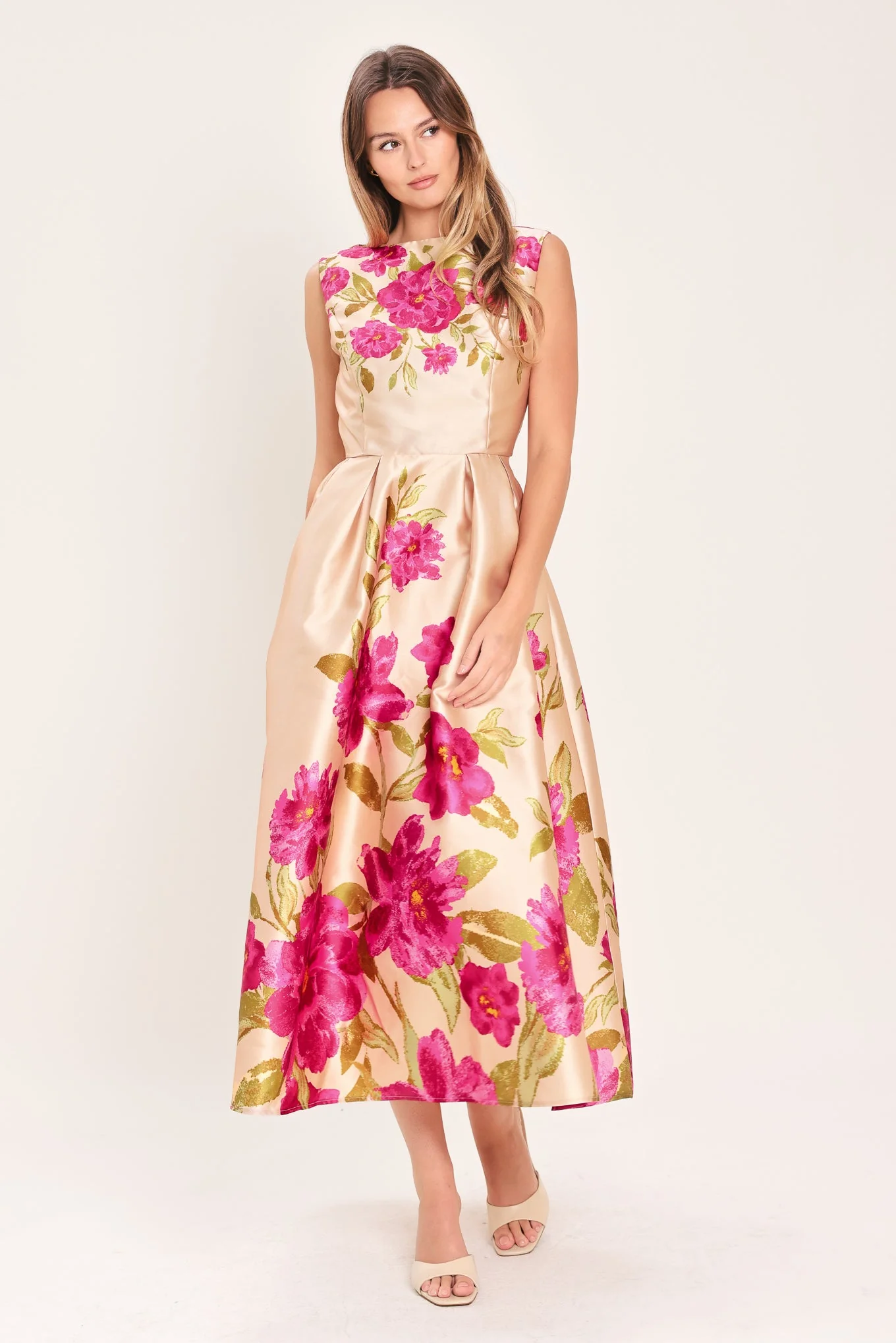 Innovative Soft Satin Floral Woven Midi Dress Clean