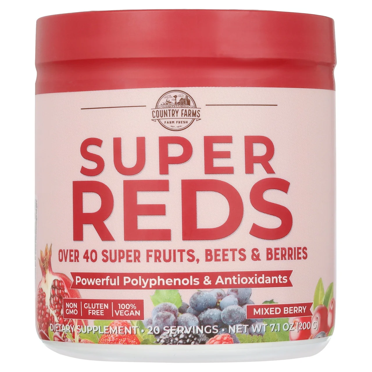 Enhanced Country Farms Super Reds Energizing Polyphenol Super Food Drink Mix Berry Flavor 7.1 Oz Dependable