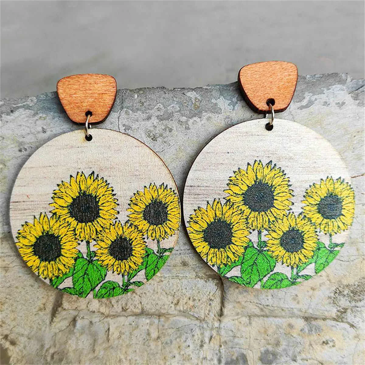 Genuine Yellow Brown Sunflowers Wood Drop Earrings Effective