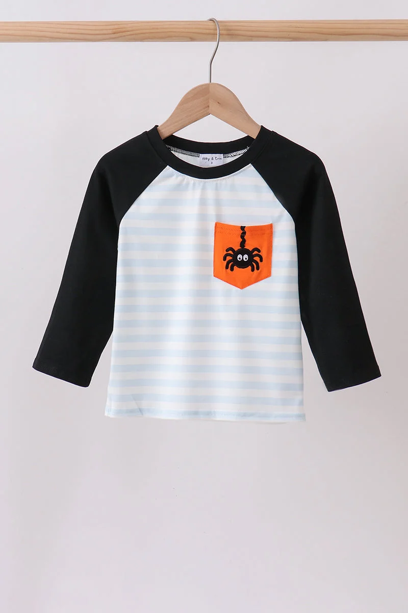 Smart Black Spider Embroidery Pocket Stripe Top Practical
