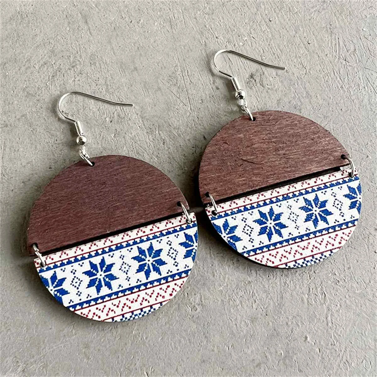 Enhanced Brown Blue Fair Isle Wood Drop Earrings Clean