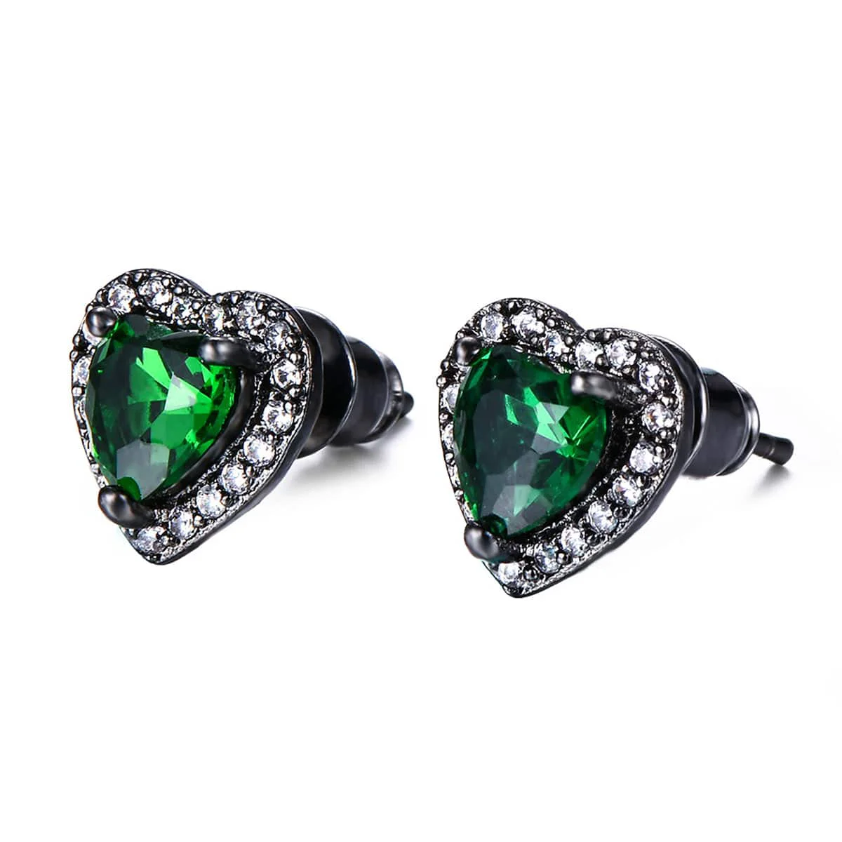 Safe Green Crystal Cubic Zirconia Blacktone Halo Heart Stud Earrings Functional