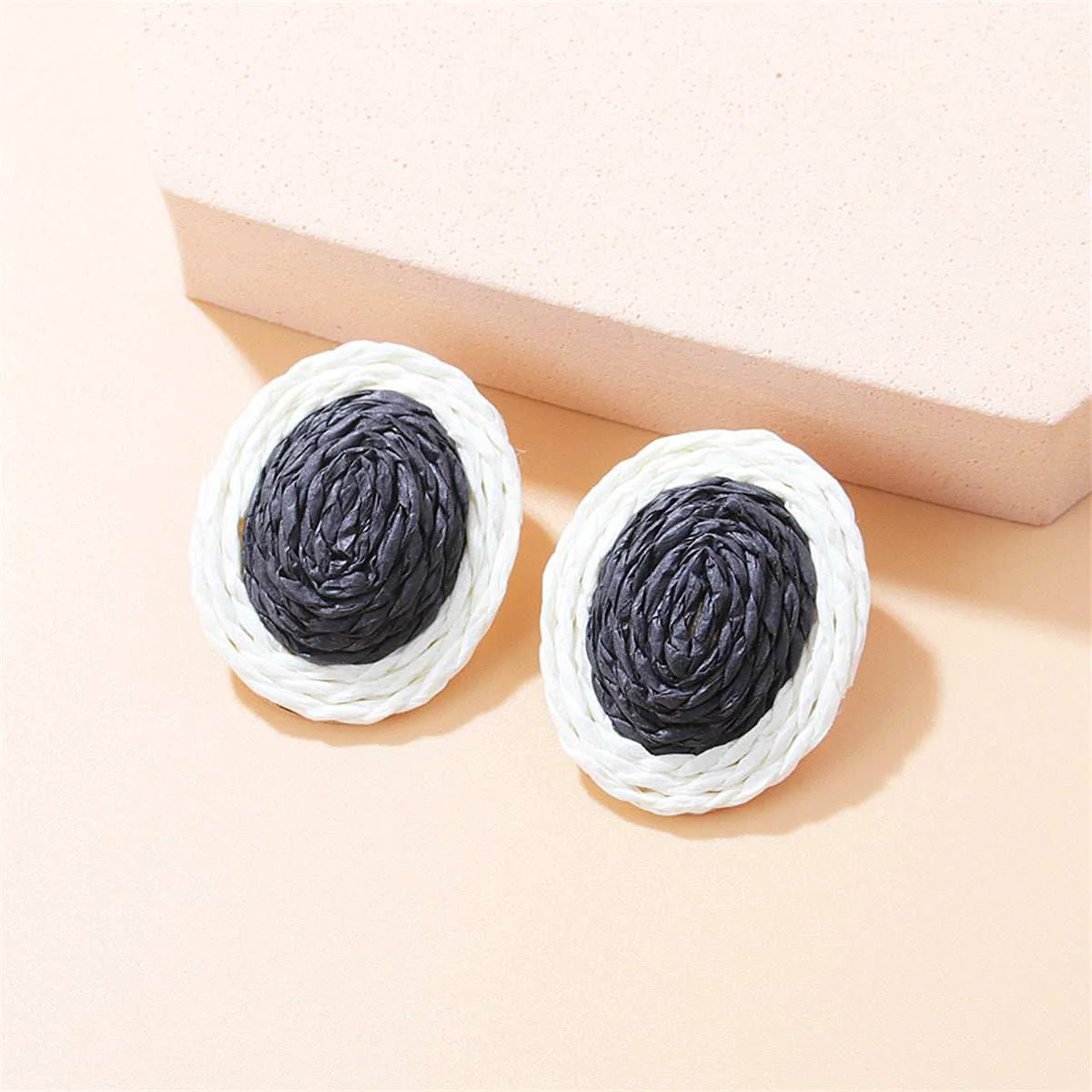 Optimized Black Raffia Silvertone Oval Stud Earrings Crafted