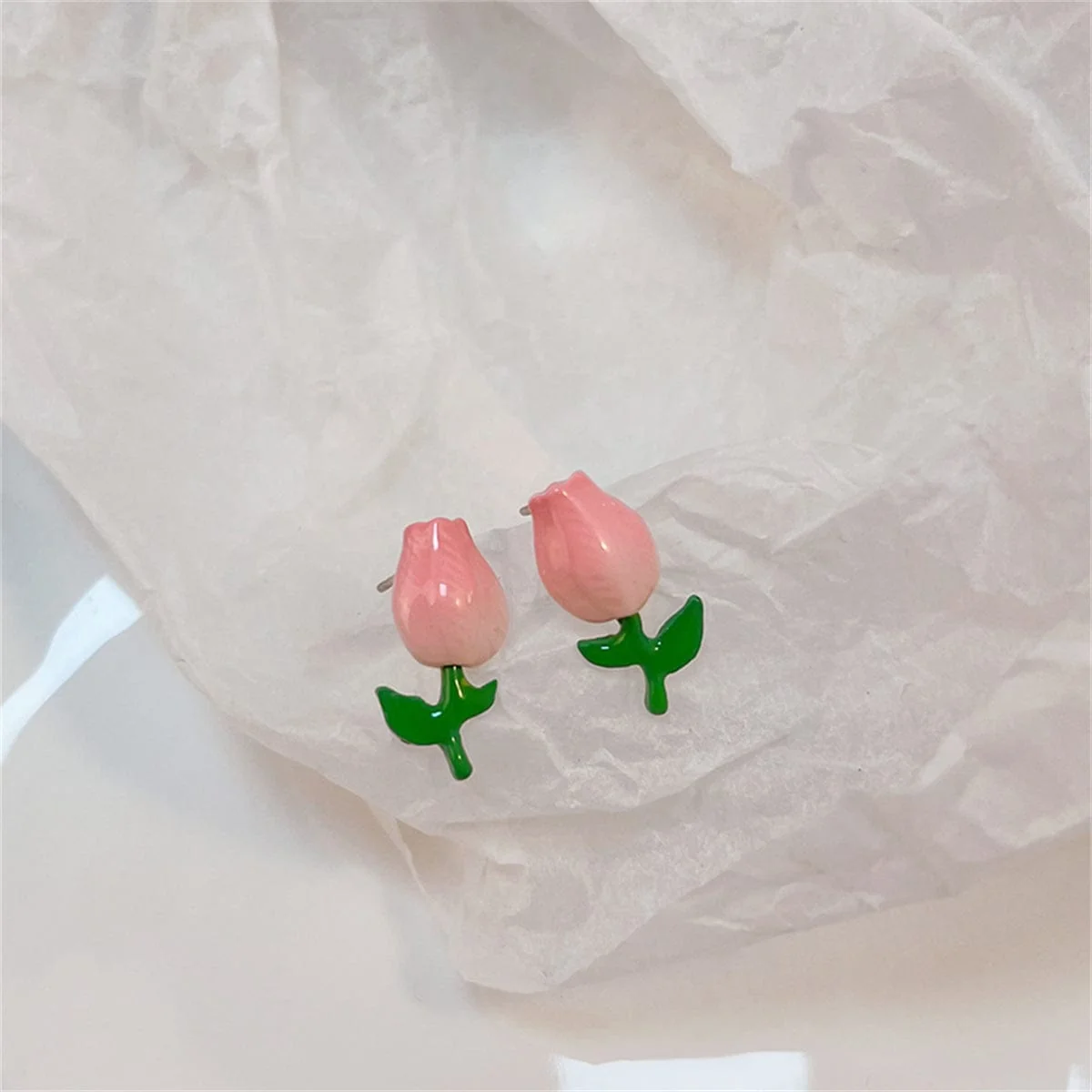 Expertly Made Pink Green Tulip Stud Earrings Natural