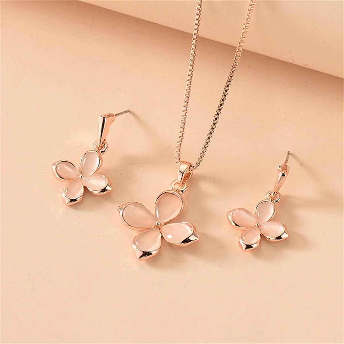 Eco-Friendly Cats Eye Rose Goldtone Flower Drop Earrings Pendant Necklace Fine