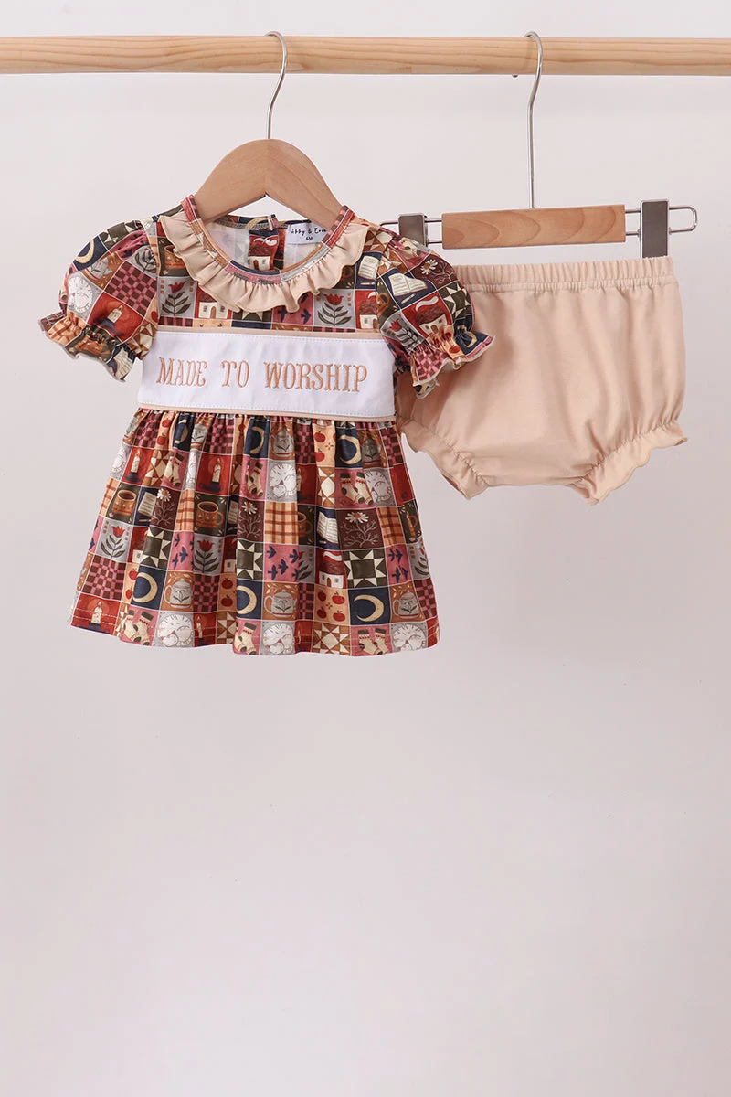Luxury Brown Made to Worship Embroidery Bloomer Set Solid