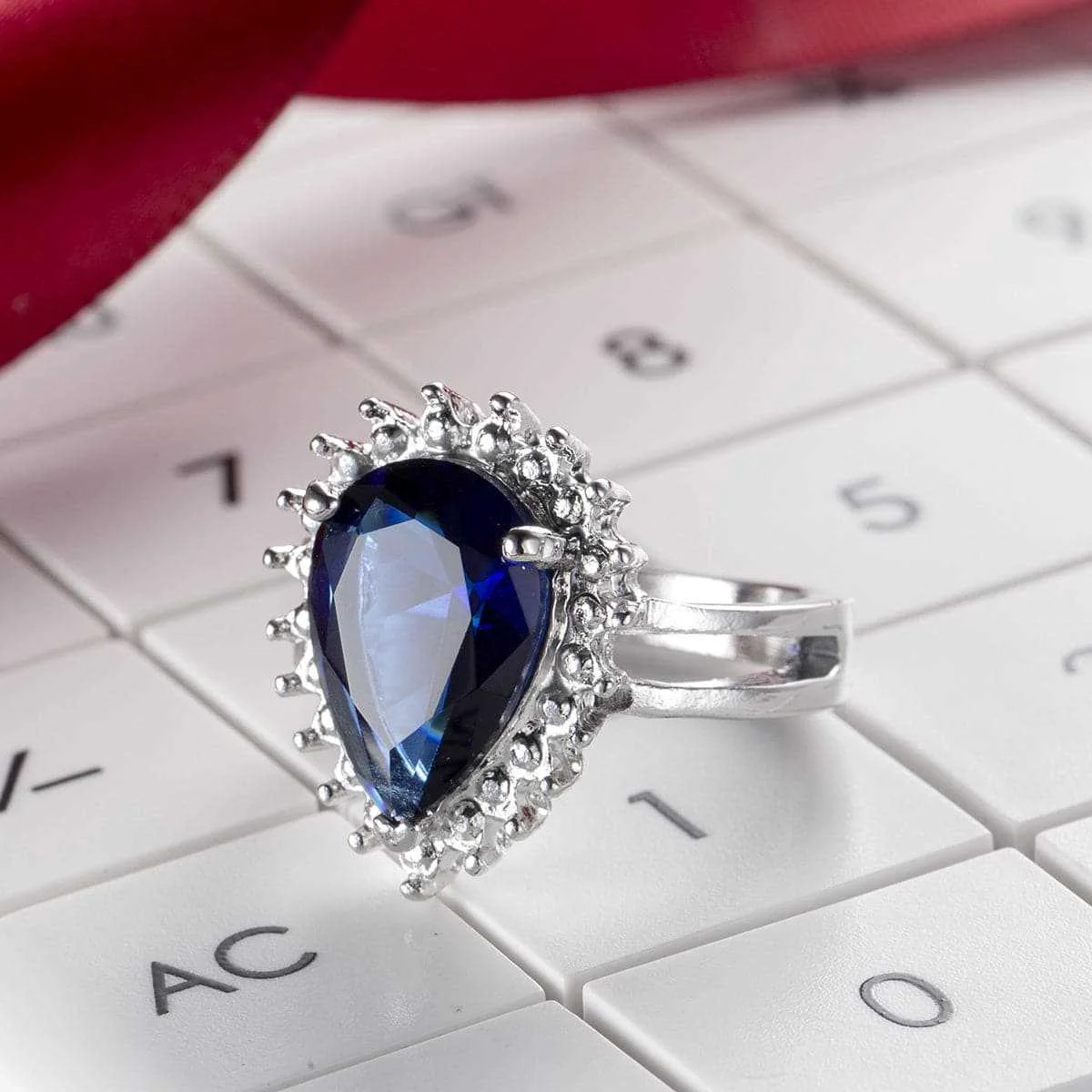 Fine Crafted Navy Crystal Pear-Cut Ring Traditional