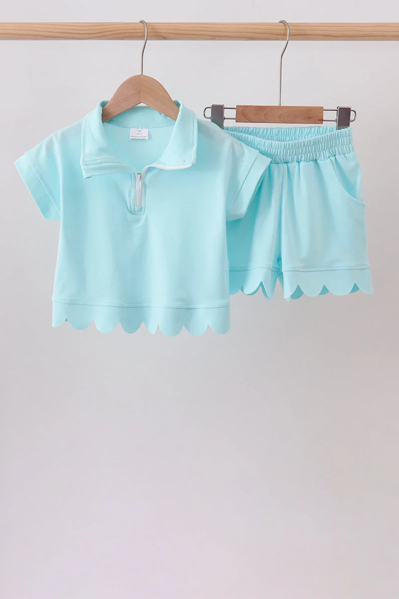 Top-Quality Light blue scalloped zipper shorts set Optimized