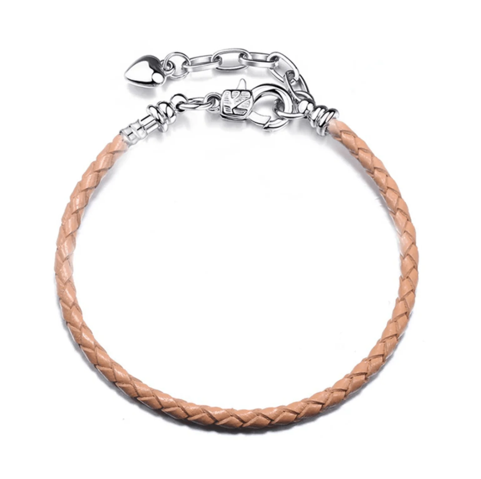Functional Silvertone braided leather adjustable charm bracelet in beige Fast