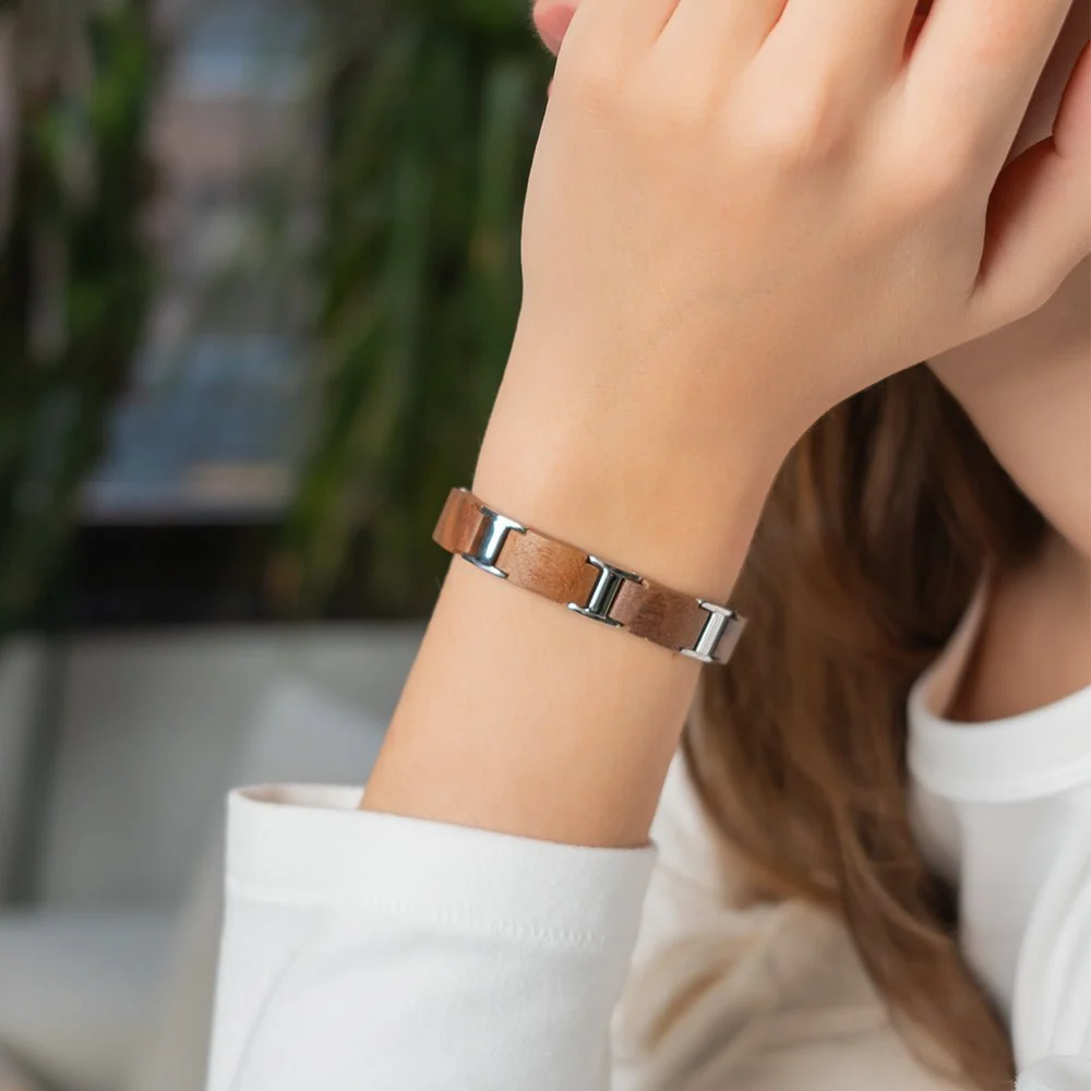 Trusted Wood and Stainless Steel Unisex Magnetic Bracelet. Brown Silver Color. Model WB013 Reliable