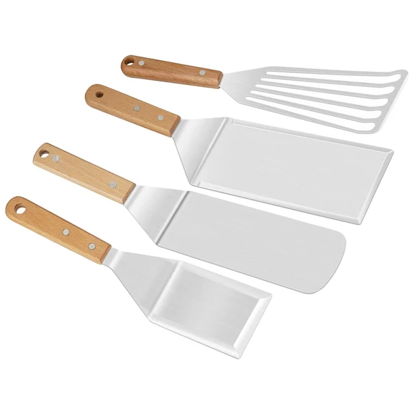 Original Maxbell Metal Grill Spatula Scraper Set Wooden Handle for Cutlets Cooking Baking 4pcs Green