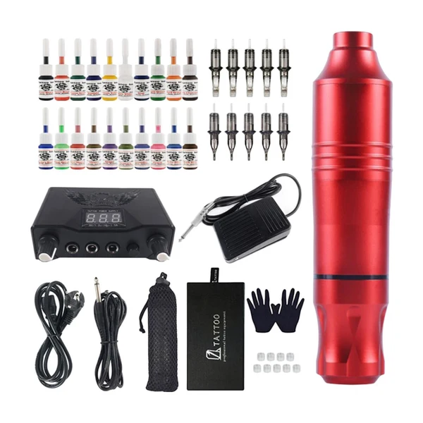 Durable Maxbell Professional Cartridge Tattoo Machine Pen Rotary Set Foot Pedal Red Organic