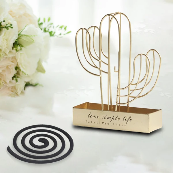 Powerful Maxbell Wrought Iron Mosquito Coil Holder Incense Holders for Living Room Garden Cactus Gold Effective
