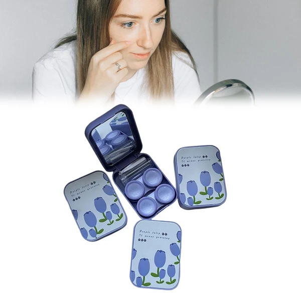 Fine Crafted Maxbell Compact Contact Lens Travel Case w Mirror Remover Tool Blue Big Tulip Trendy