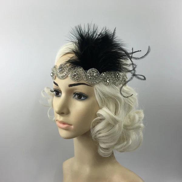 Crafted Maxbell Great Gatsby 1920 Flapper Headpiece Crystal Bridal Black Feather Headband Professional