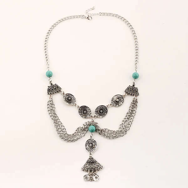 Soft Maxbell Chunky Silver Necklace Women Vintage Coins Tassel Pendant Turquoise Bead Reliable
