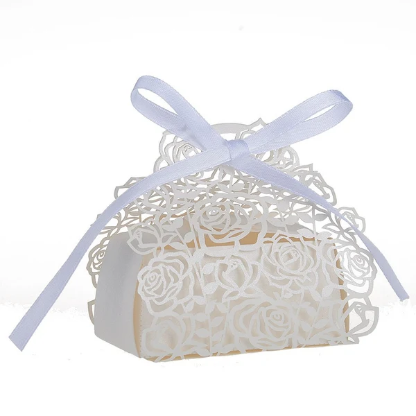 Soft Maxbell 25pcs White Rose Design Candy Gift Box with Ribbon Wedding Favors Decoration Luxury