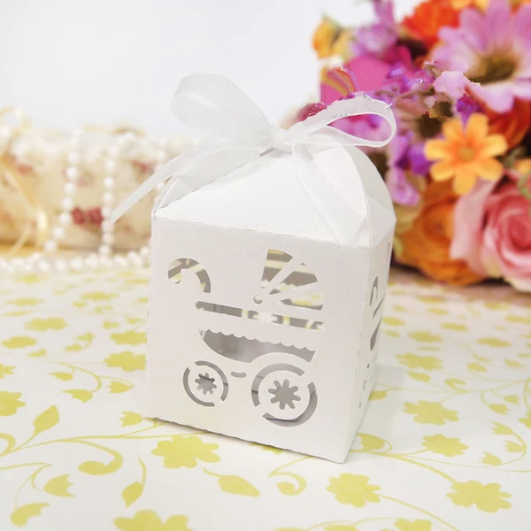 Stylish Maxbell 50pcs White Carriage Candy Gift Boxes with Ribbon Baby Shower Favors Verified