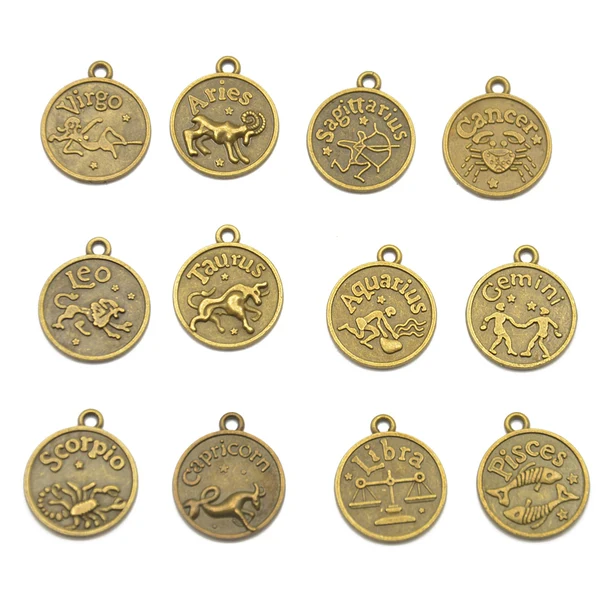 Pure Maxbell 12 pcs Antique Bronze Horoscope Zodiac Round Pendant Charm Jewelry Making Lightweight