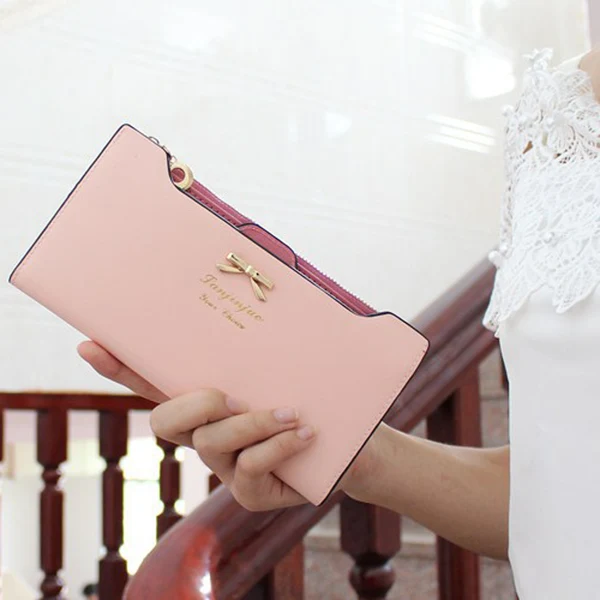 Fine Crafted Maxbell Womens Bowknot Long Zip Clutch PU Leather Wallet Purse Coin Card Light Pink Elegant