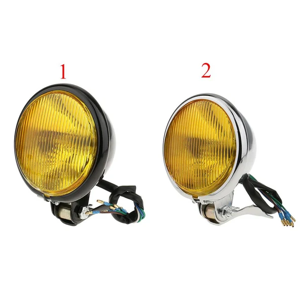 Advanced Retro 5 Motorcycle Amber Front Headlight w Yellow Glass for Harley Black Premium
