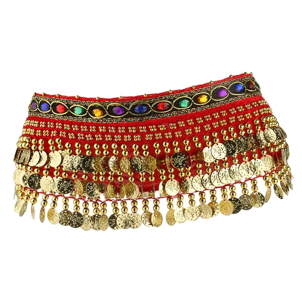 Certified Maxbell Ladies Belly Dance Wrap Belt Gold Coins Tassel Hip Scarf Costume Red Original