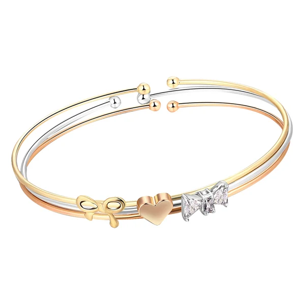 Specialty Maxbell Hot Three Golden Silver Rose Gold Circles Heart-shaped Two Bow knots Glass Diamond Open Charm Adjustable Female Bracelets Luxury