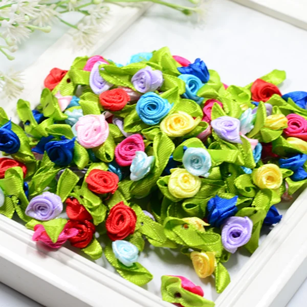 Smart Maxbell 100 Pieces Satin Ribbon Tiny Rolled Rose Bud Flower with Green Satin Leaves Wedding Decor Craft Sewing Applique DIY Proven