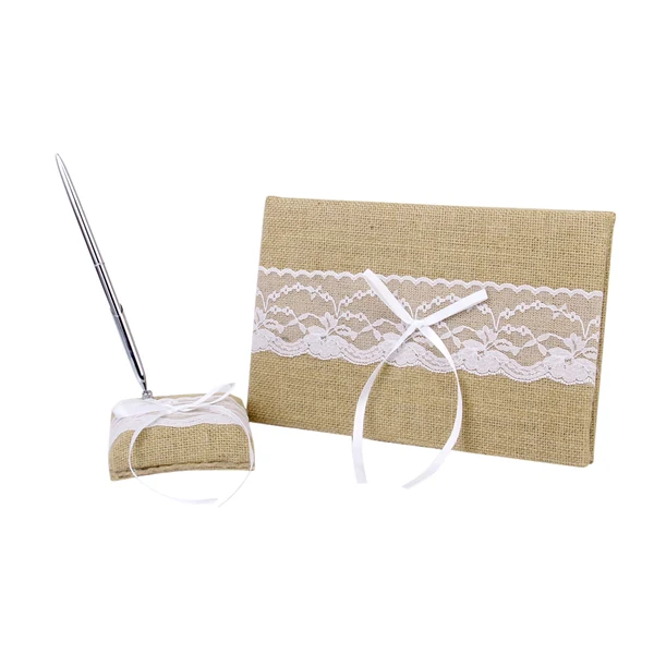Healthy Maxbell Maxbell Set Of Lace Embellished Burlap Guest Book With Pen And Stand Wedding Party Supplies Detailed