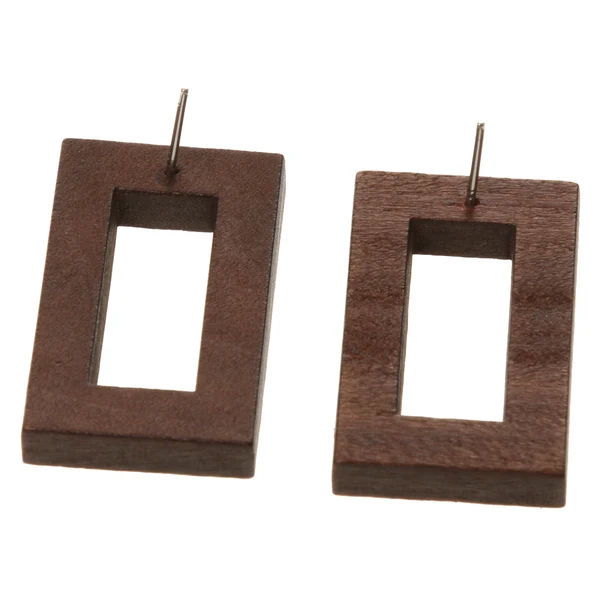 Stylish Maxbell 2 Pairs Women Brown Vintage Round And Rectangle Hollow Wood Stud Earrings High-End