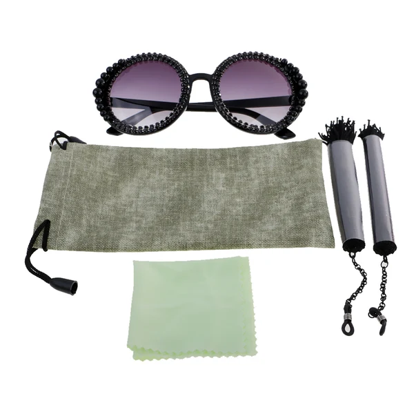 Exclusive Maxbell Women Round Frame Black Sunglasses Faux Rhinestone Crystal Pearl Detachable Tassels Fashionable