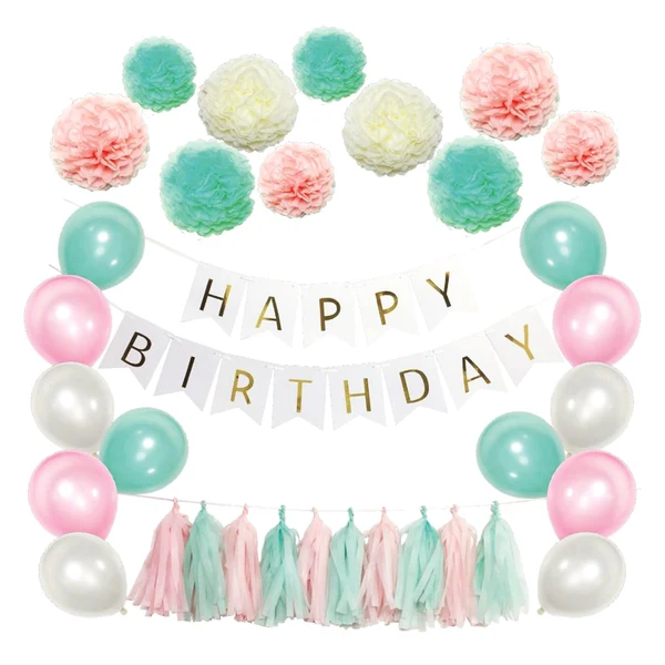 Effective Maxbell Pack of 51 Happy Birthday Banner Set Paper PomPom Latex Balloons Paper Tassels Fast