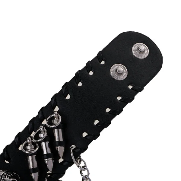 High-Performance Maxbell Gothic Punk Style Black Leather Cuff Bracelet Wristband with 3D Skull Head and Chain Fast