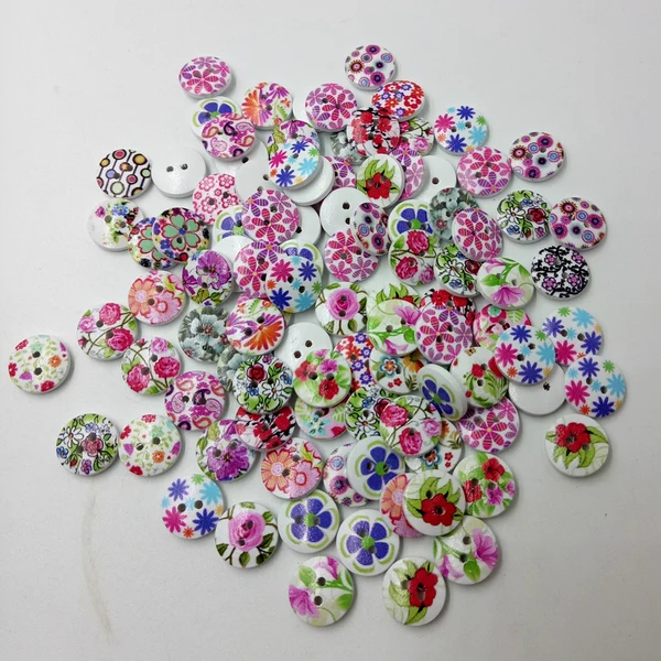 Top-Quality Maxbell 100 Pieces Wooden Buttons Flower Printed Buttons 2-hole Buttons in Box for DIY Sewing Crafts Trusted