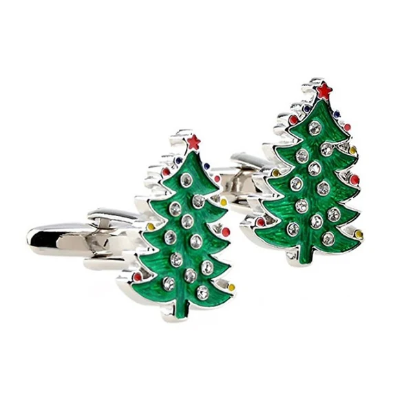 Minimalist Men's Crystal Rhinestone Decor Cufflinks Cuff Links Holidays Christmas Tree World-Class