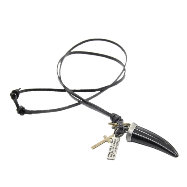 Modern Maxbell Fashion Pine Animal Tooth Pendant Long Black PU Leahter Sweater Necklace 1Pc Breathable