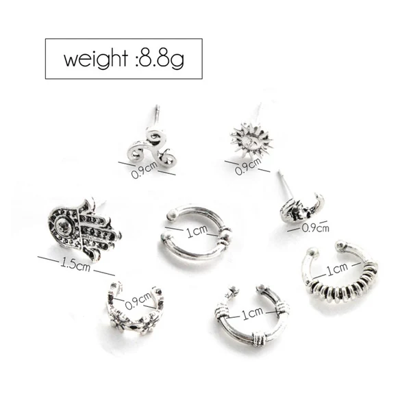 Prestigious Maxbell 8pcs Women Cuff Earrings Set Antique Silver Sun Fatima Carved Stud Earrings Green