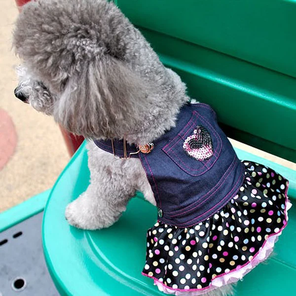 Fine Maxbell Lightweight Comfortable Adorable Pink Heart Sequin Polka Dot Blue Jeans Dog Puppy Overall Dress M Minimalist