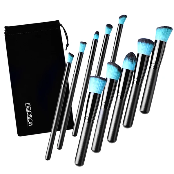 High-End Maxbell 10 Pcs Makeup Brush Set Professional Wood Handle Kabuki Foundation Blending Blush Concealer Eye Face Liquid Powder Cream Cosmetics Lip Brush Tool Brushes Kit with Zipper Bag Black Artisan