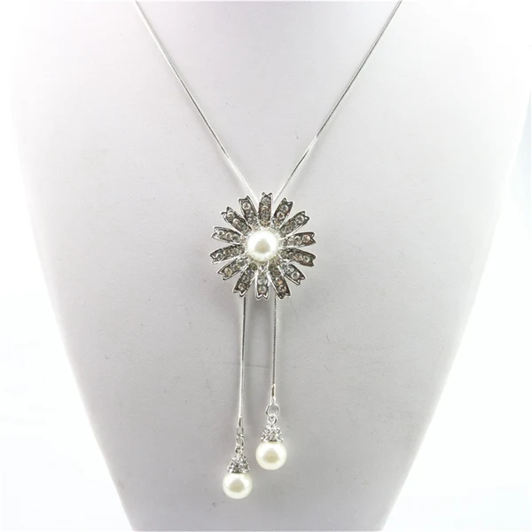 Pure Maxbell Crystal Decor Daisy Flower White Round Pearl Tassel Adjustable Pendant Long Chain Necklace for Women Girl's Sweater Dress Long-Lasting