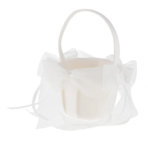 Healthy Maxbell Maxbell 2 Pieces Beige Satin Flower Girl Basket Large Tulle Bow Wedding Party Supply Responsible